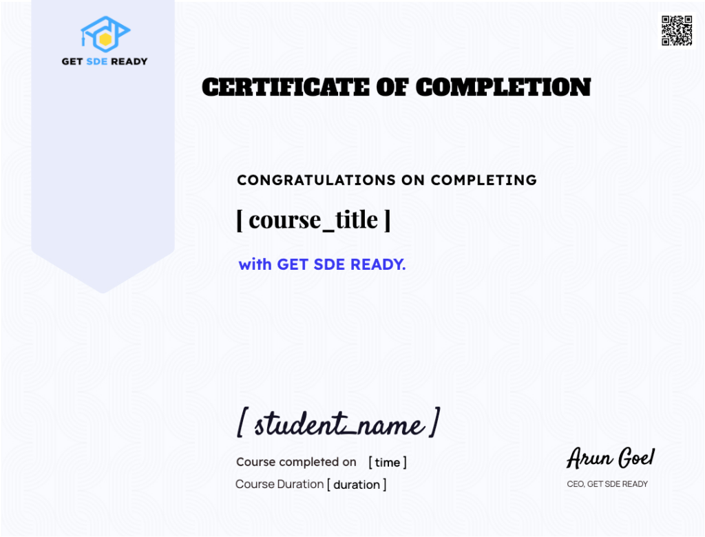 Certificate of completion from Get SDE Ready for tech courses